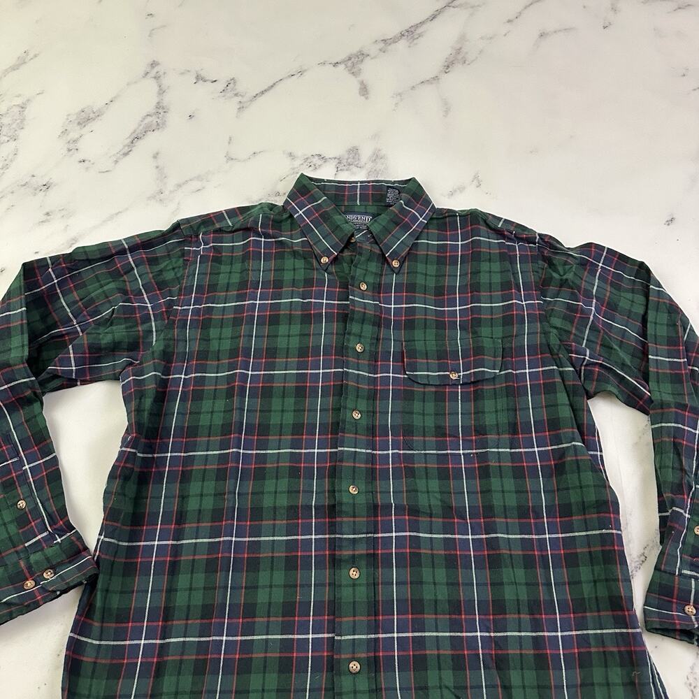 Lands End Mens Vintage 90s Plaid Shirt Size L Blue Green Wool Cotton Blend - Picture 5 of 12